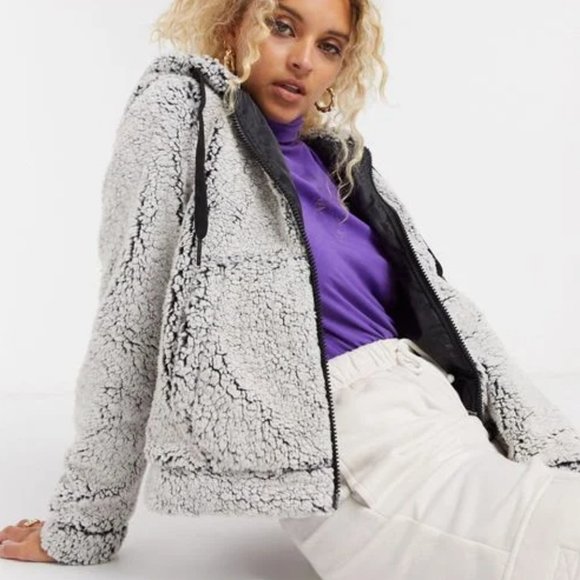 ASOS Noisy May Gray & Black Teddy Fleece Zip Up Jacket - Picture 4 of 4